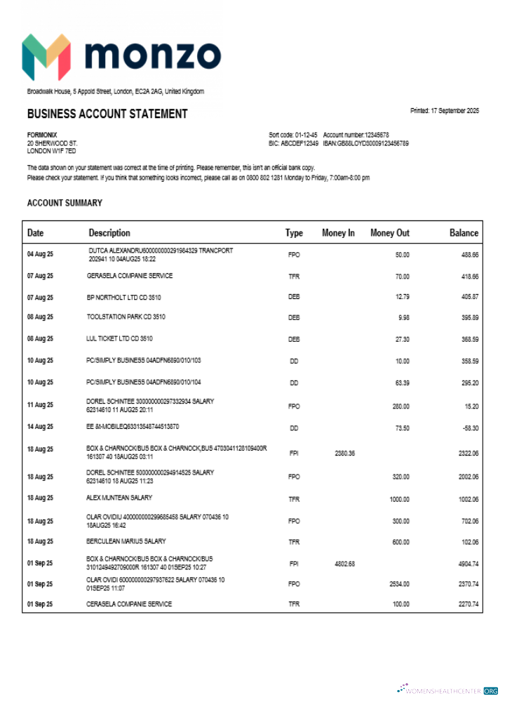 Download United Kingdom Monzo enterprise statement Word and PDF template Photoshop template